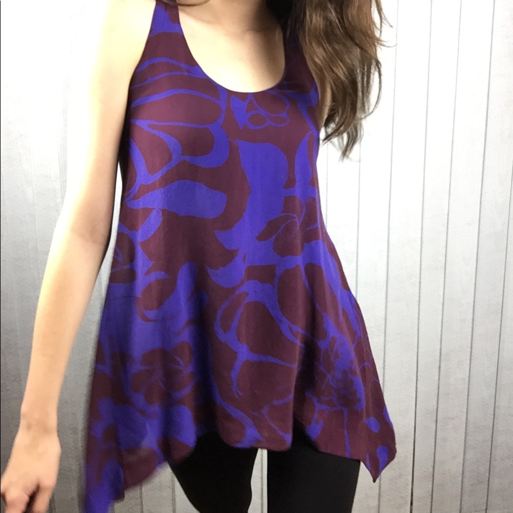 Vince Silk Maroon Blue Flower 100% Silk Tank Top Flowy Ruffle Shirt Blouse 👚